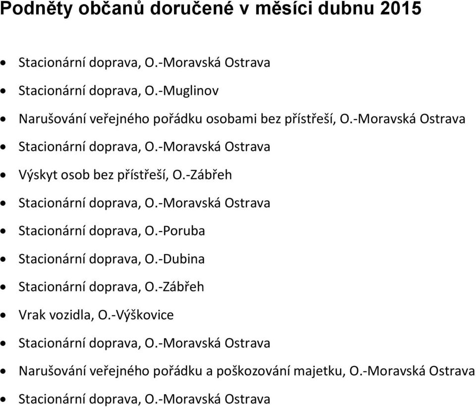 -Moravská Ostrava Výskyt osob bez přístřeší, O.-Zábřeh Stacionární doprava, O.-Moravská Ostrava Stacionární doprava, O.