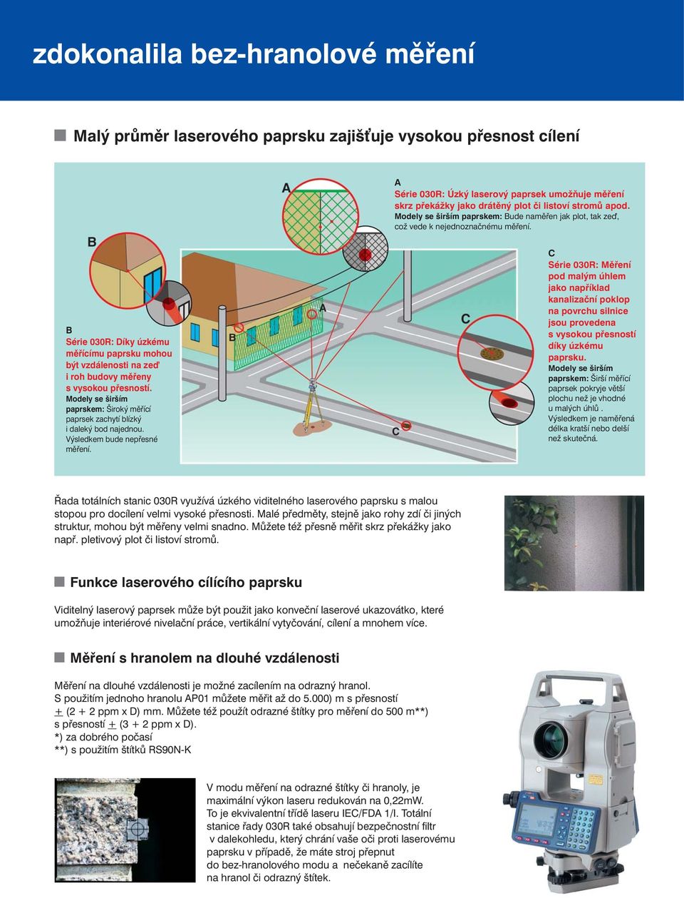 B Série 030R: Díky úzkému mìøícímu paprsku mohou být vzdálenosti na zeï i roh budovy mìøeny s vysokou pøesností. Modely se širším paprskem: Široký mìøící paprsek zachytí blízký i daleký bod najednou.