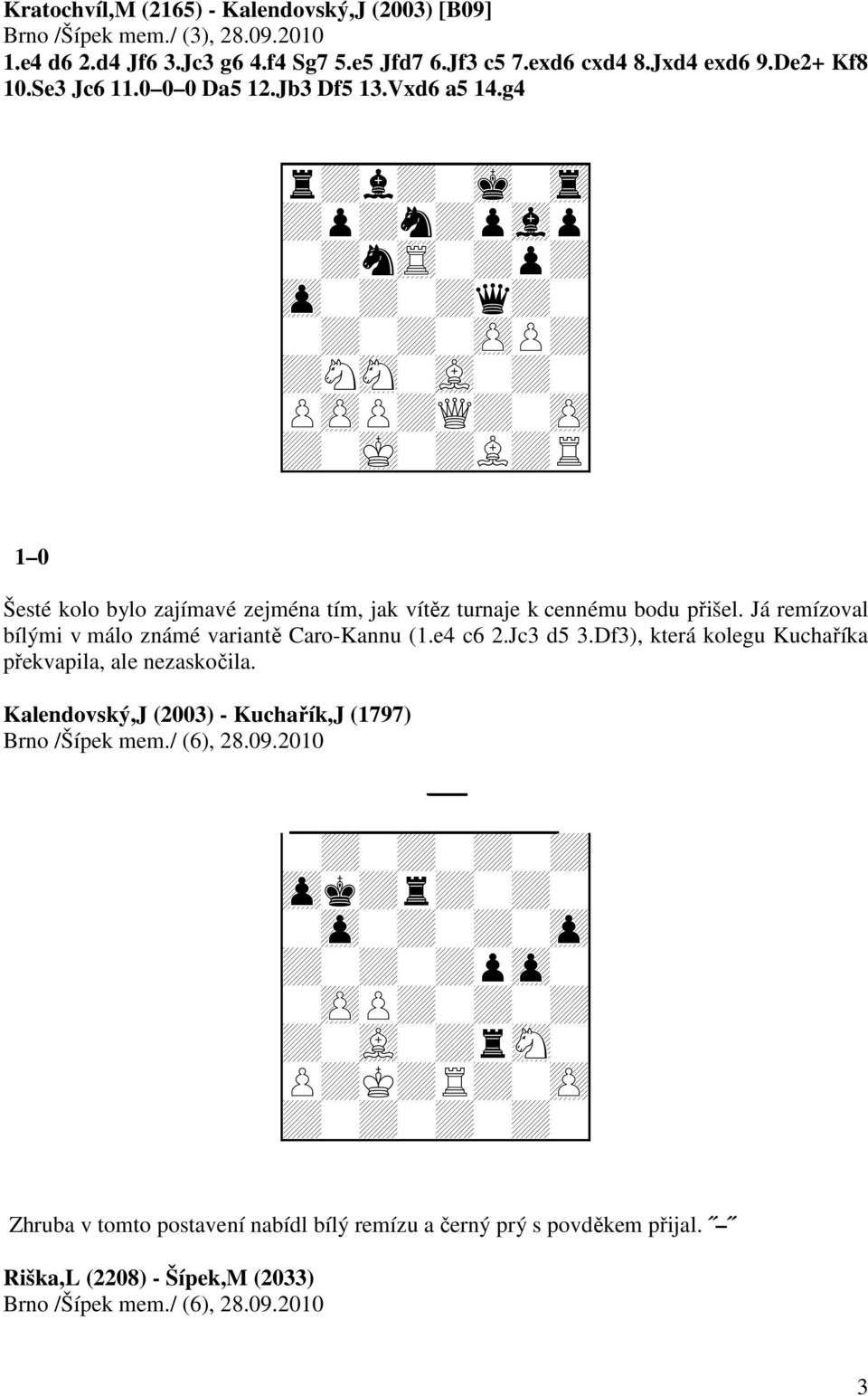 Já remízoval bílými v málo známé variantě Caro-Kannu (1.e4 c6 2.Jc3 d5 3.Df3), která kolegu Kuchaříka překvapila, ale nezaskočila.