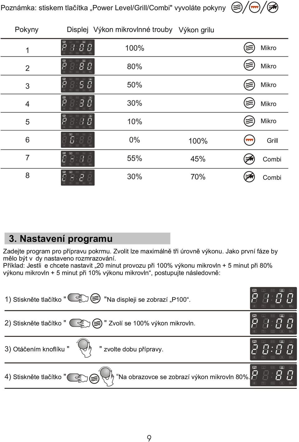 Pøíklad: Jestliže chcete nastavit 20 minut provozu pøi 100% výkonu mikrovln + 5 minut pøi 80% výkonu mikrovln + 5 minut pøi 10% výkonu mikrovln, postupujte následovnì: 1) Stisknìte tlaèítko " "