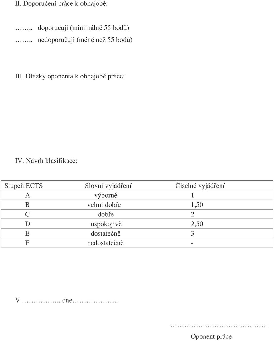 Návrh klasifikace: Stupe ECTS Slovní vyjádení íselné vyjádení A výborn 1 B