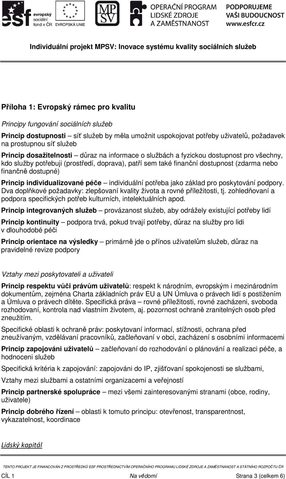 individualizované péče individuální potřeba jako základ pro poskytování podpory. Dva doplňkové požadavky: zlepšovaní kvality života a rovné příležitosti, tj.