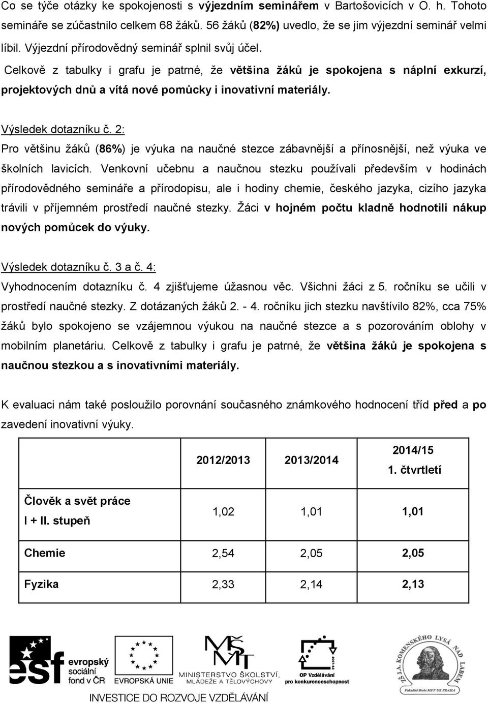 Výsledek dotazníku č. 2: Pro většinu žáků (86%) je výuka na naučné stezce zábavnější a přínosnější, než výuka ve školních lavicích.