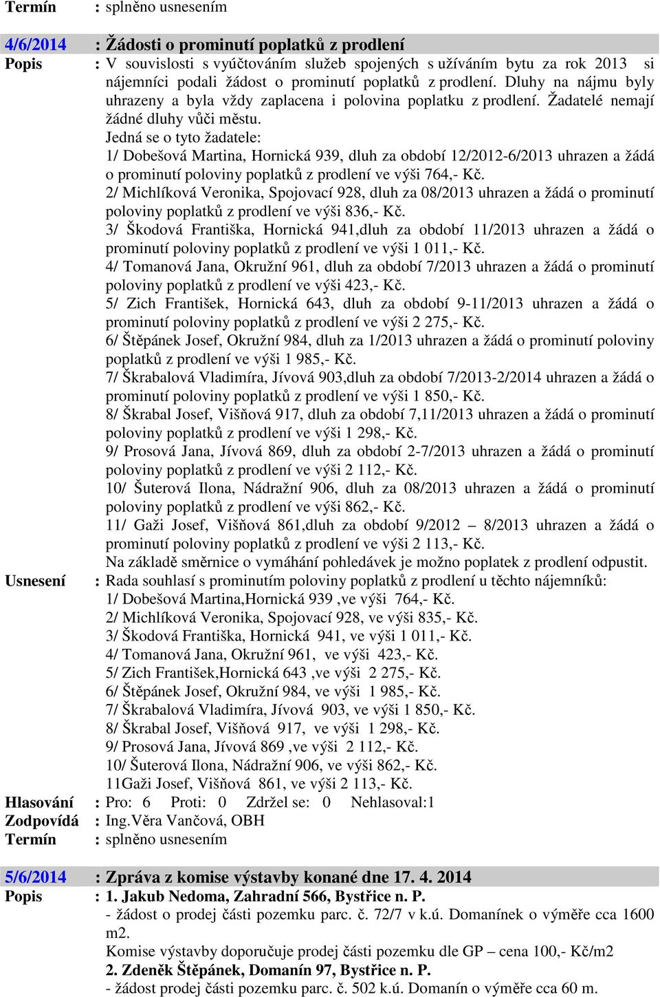 Jedná se o tyto žadatele: 1/ Dobešová Martina, Hornická 939, dluh za období 12/2012-6/2013 uhrazen a žádá o prominutí poloviny poplatků z prodlení ve výši 764,- Kč.