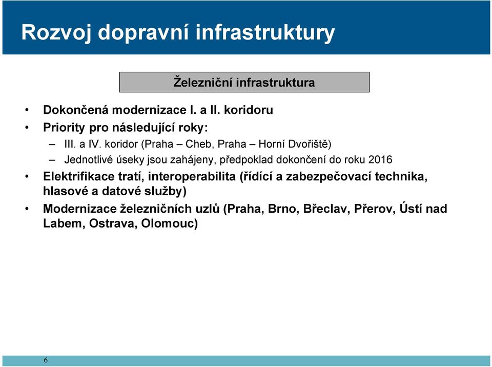 koridor (Praha Cheb, Praha Horní Dvořiště) Jednotlivé úseky jsou zahájeny, předpoklad dokončení do roku 2016
