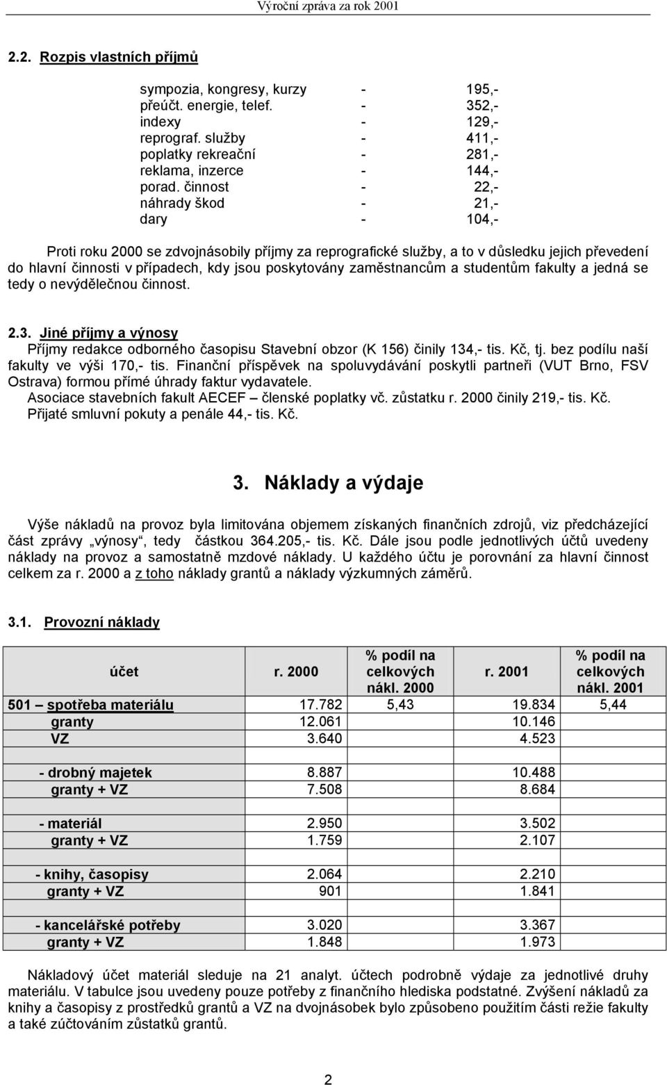 zaměstnancům a studentům fakulty a jedná se tedy o nevýdělečnou činnost. 2.3. Jiné příjmy a výnosy Příjmy redakce odborného časopisu Stavební obzor (K 156) činily 134,- tis. Kč, tj.