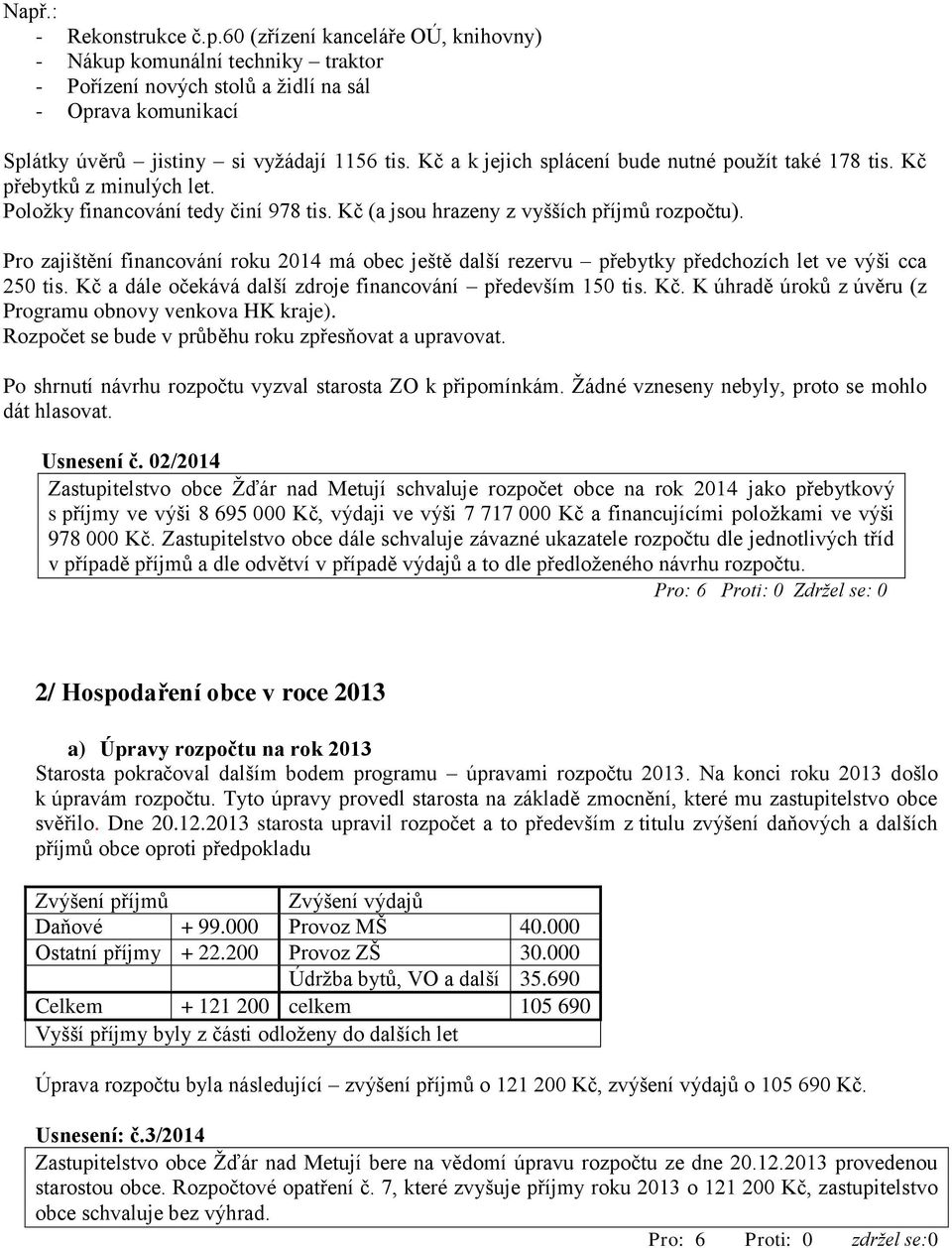 Pro zajištění financování roku 2014 má obec ještě další rezervu přebytky předchozích let ve výši cca 250 tis. Kč a dále očekává další zdroje financování především 150 tis. Kč. K úhradě úroků z úvěru (z Programu obnovy venkova HK kraje).