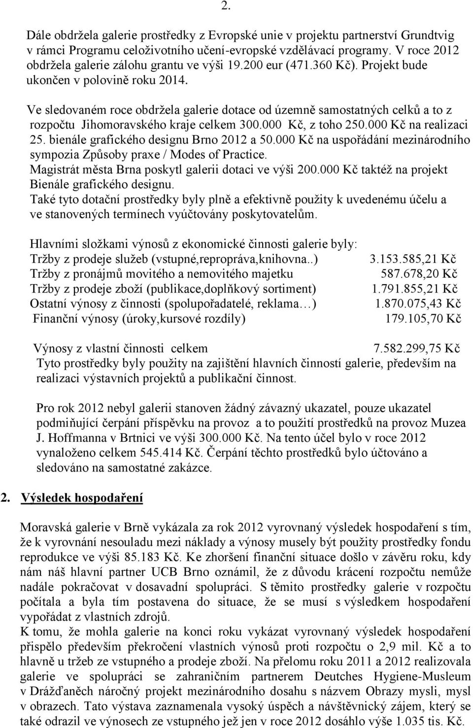 Ve sledovaném roce obdržela galerie dotace od územně samostatných celků a to z rozpočtu Jihomoravského kraje celkem 300.000 Kč, z toho 250.000 Kč na realizaci 25.