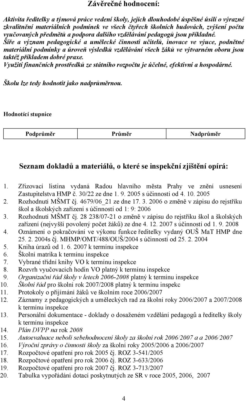 Šíře a význam pedagogické a umělecké činnosti učitelů, inovace ve výuce, podnětné materiální podmínky a úroveň výsledků vzdělávání všech žáků ve výtvarném oboru jsou taktéž příkladem dobré praxe.