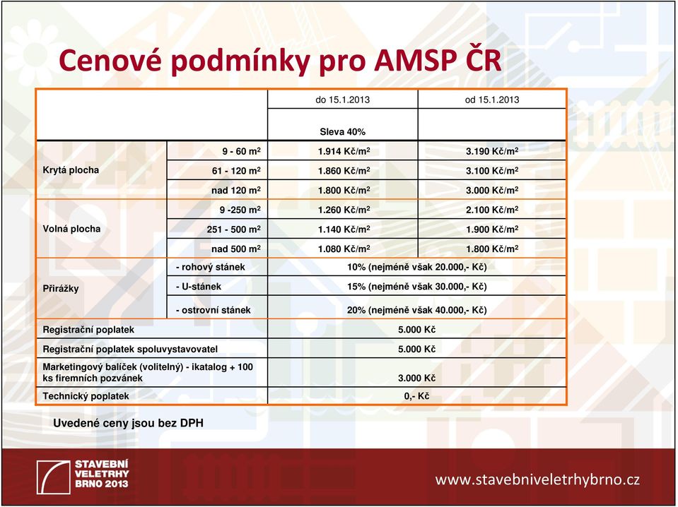 900 Kč/m 2 Přirážky Registrační poplatek nad 500 m 2 - rohový stánek - U-stánek - ostrovní stánek 1.080 Kč/m 2 1.800 Kč/m 2 10% (nejméně však 20.