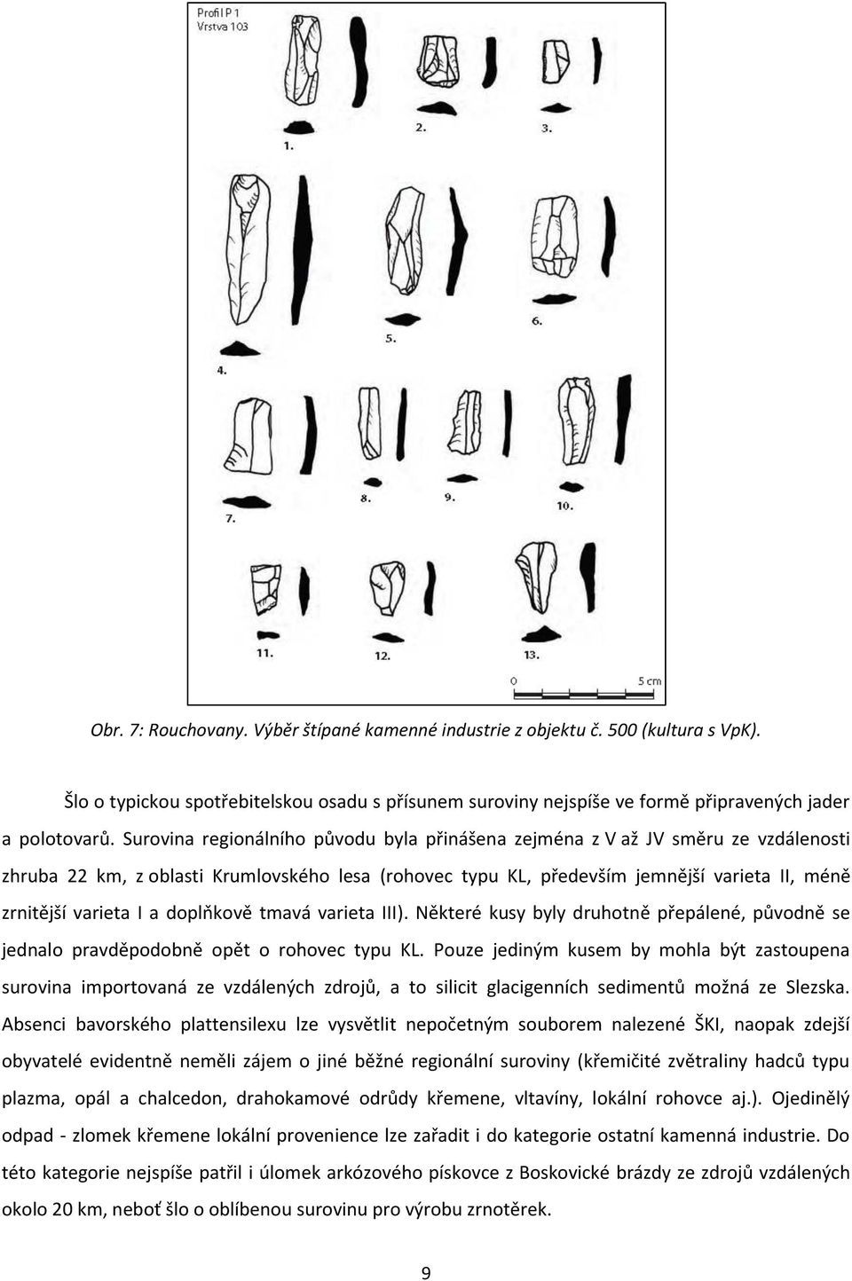 a doplňkově tmavá varieta III). Některé kusy byly druhotně přepálené, původně se jednalo pravděpodobně opět o rohovec typu KL.