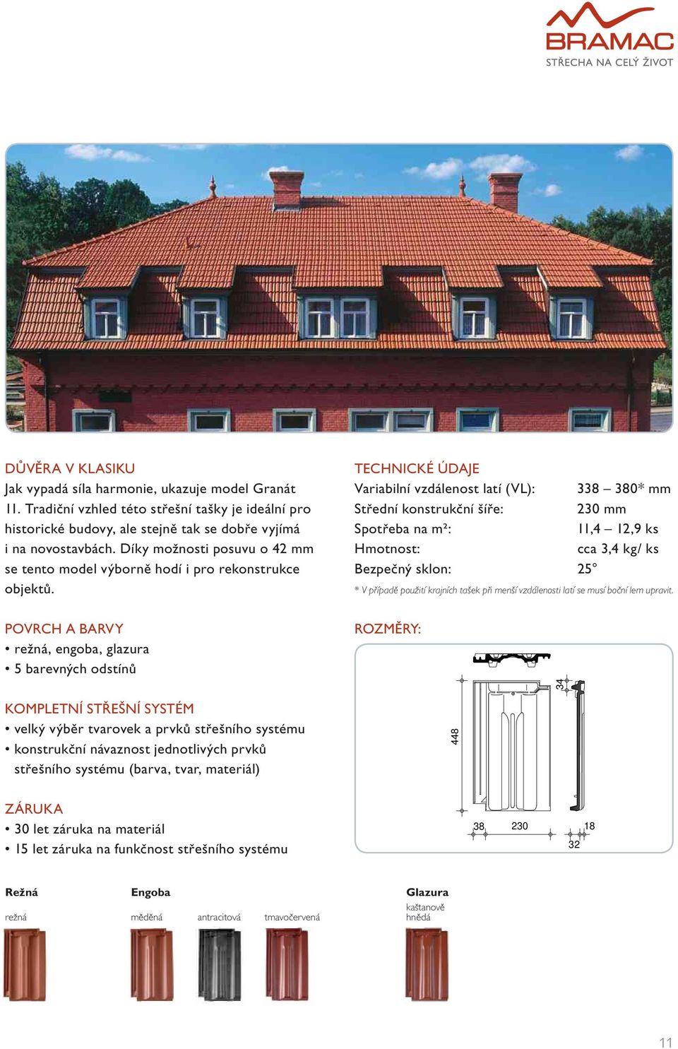 TECHNICKÉ ÚDAJE Variabilní vzdálenost latí (VL): 338 380* mm Střední konstrukční šíře: 230 mm Spotřeba na m²: 11,4 12,9 ks Hmotnost: cca 3,4 kg/ ks Bezpečný sklon: 25 * V případě použití krajních