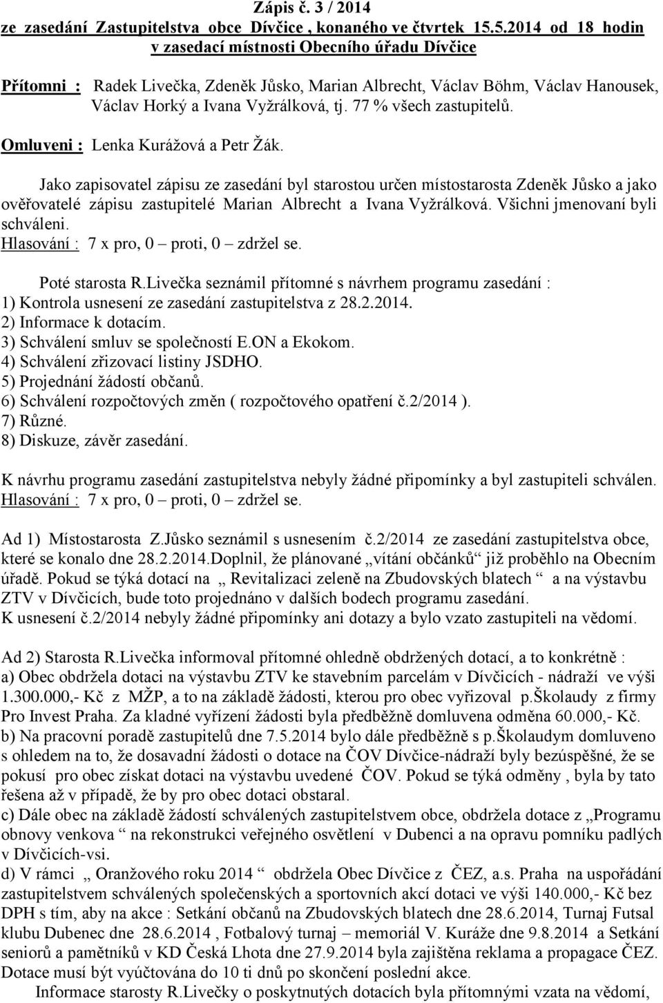 77 % všech zastupitelů. Omluveni : Lenka Kurážová a Petr Žák.