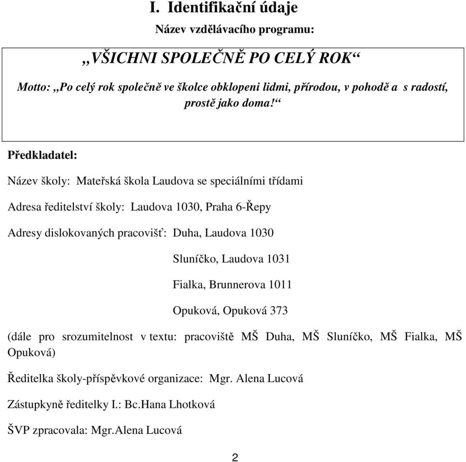 Předkladatel: Název školy: Mateřská škola Laudova se speciálními třídami Adresa ředitelství školy: Laudova 1030, Praha 6-Řepy Adresy dislokovaných pracovišť: Duha,