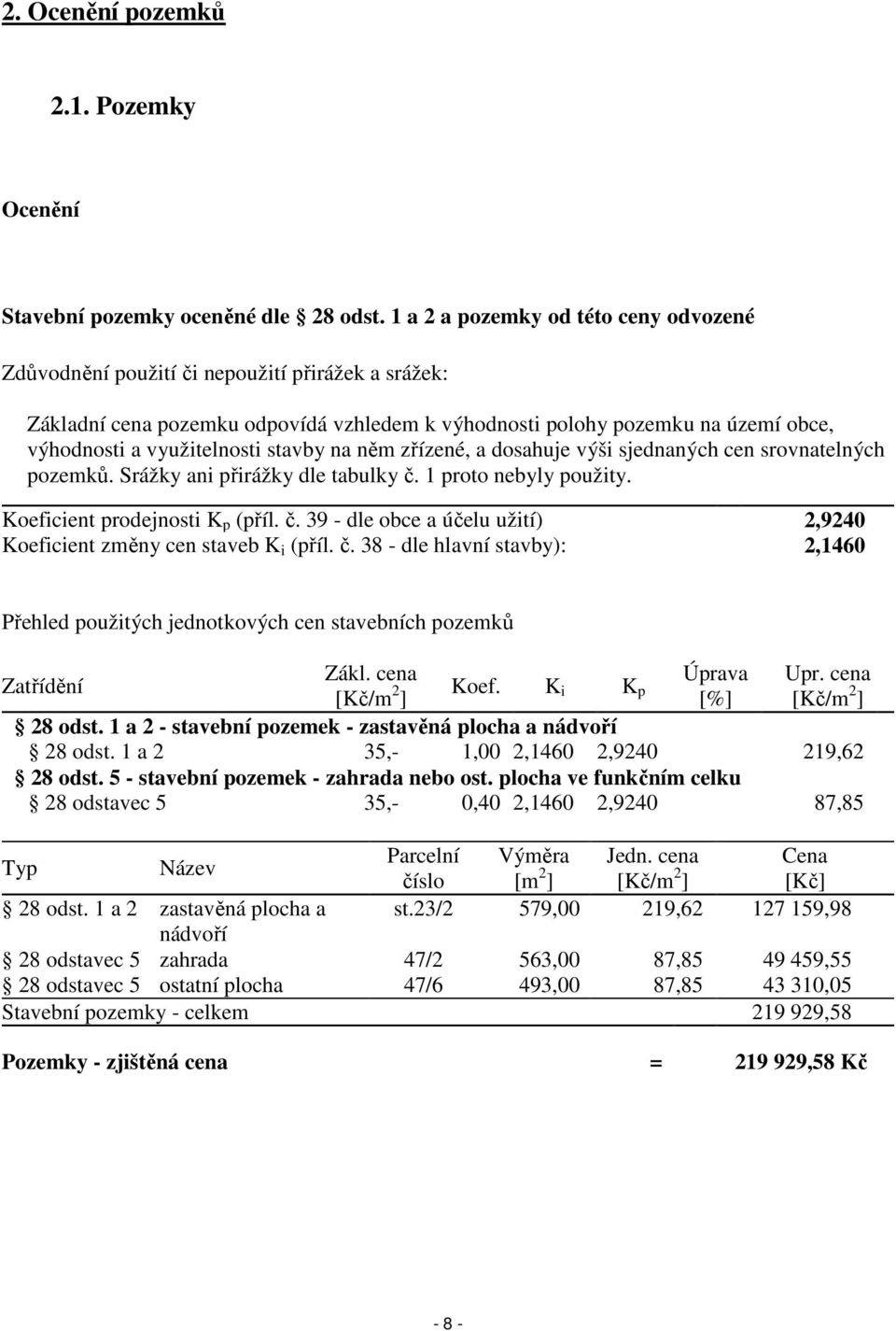stavby na něm zřízené, a dosahuje výši sjednaných cen srovnatelných pozemků. Srážky ani přirážky dle tabulky č. 1 proto nebyly použity. Koeficient prodejnosti K p (příl. č. 39 - dle obce a účelu užití) 2,9240 Koeficient změny cen staveb K i (příl.