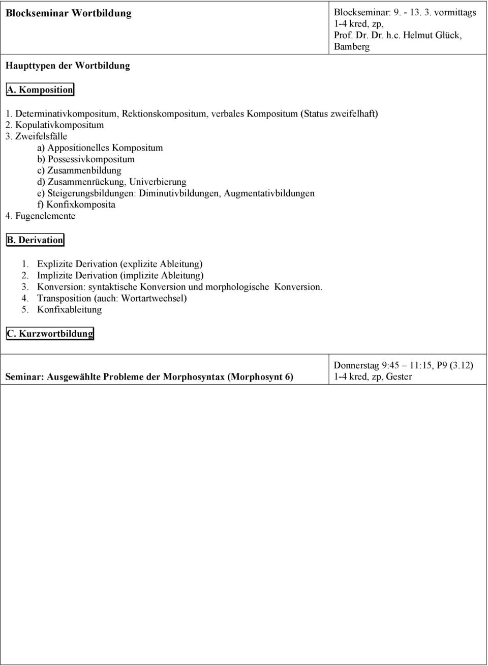 Zweifelsfälle a) Appositionelles Kompositum b) Possessivkompositum c) Zusammenbildung d) Zusammenrückung, Univerbierung e) Steigerungsbildungen: Diminutivbildungen, Augmentativbildungen f)