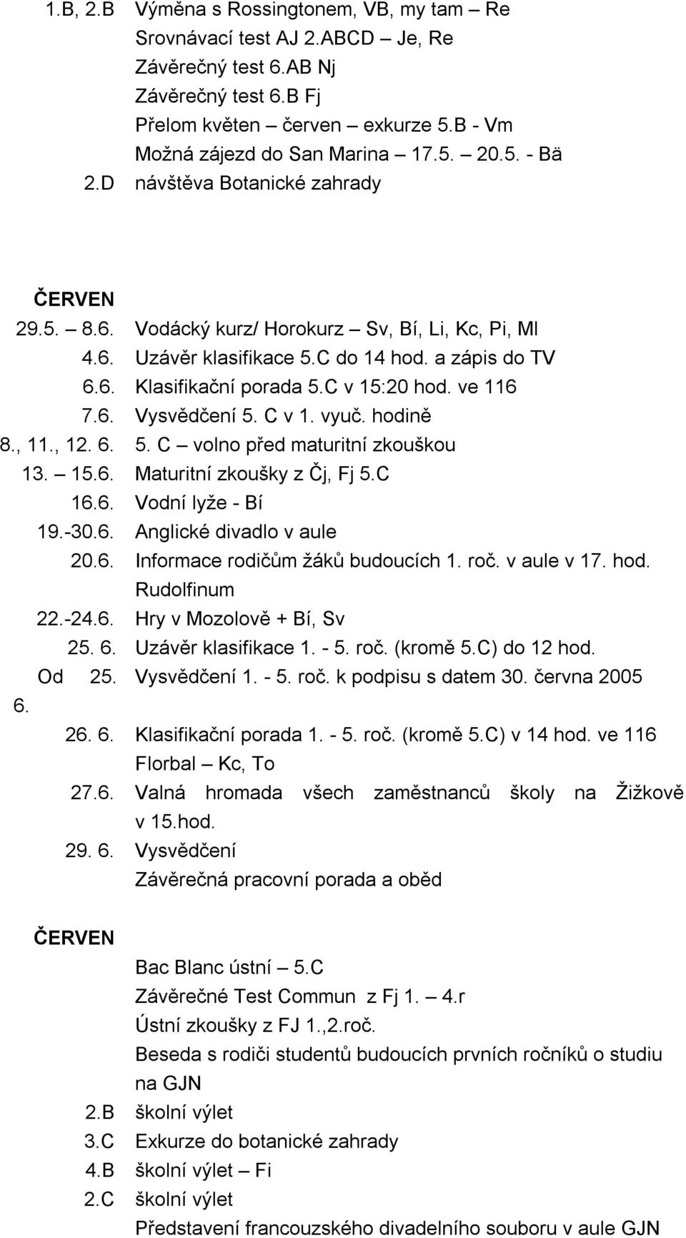 C v 1. vyuč. hodině 8., 11., 12. 6. 5. C volno před maturitní zkouškou 13. 15.6. Maturitní zkoušky z Čj, Fj 5.C 16.6. Vodní lyže - Bí 19.-30.6. Anglické divadlo v aule 20.6. Informace rodičům žáků budoucích 1.