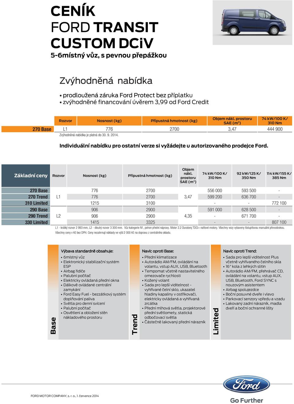 Individuální nabídku pro ostatní verze si vyžádejte u autorizovaného prodejce Ford. Základní ceny Rozvor Nosnost (kg) Přípustná hmotnost (kg) Objem nákl.