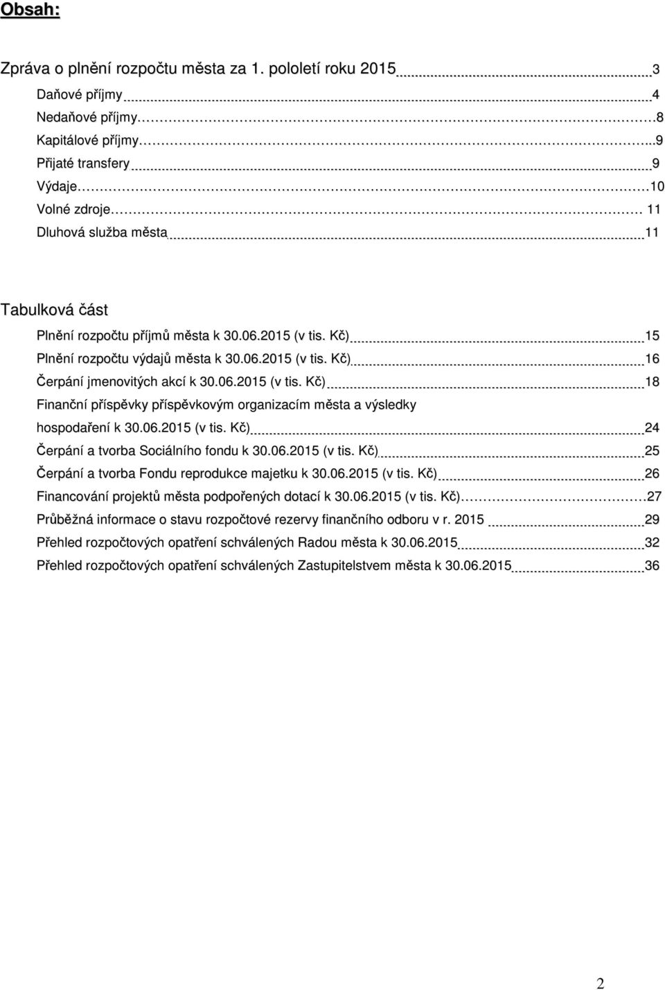 06.2015 (v tis. Kč) 18 Finanční příspěvky příspěvkovým organizacím města a výsledky hospodaření k 30.06.2015 (v tis. Kč) 24 Čerpání a tvorba Sociálního fondu k 30.06.2015 (v tis. Kč) 25 Čerpání a tvorba Fondu reprodukce majetku k 30.