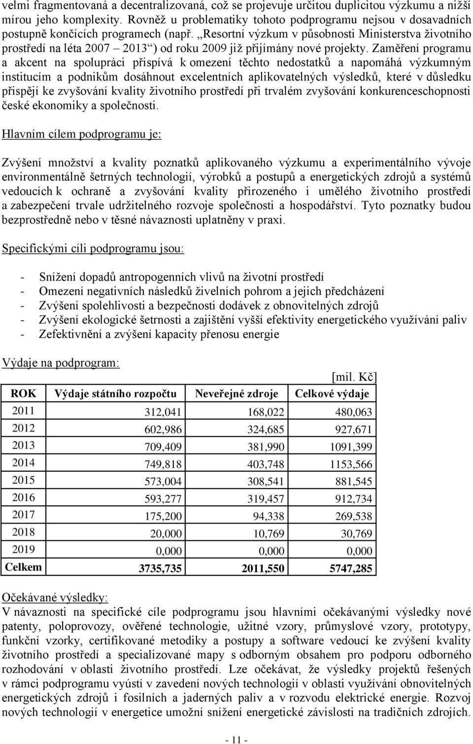 Resortní výzkum v působnosti Ministerstva životního prostředí na léta 2007 2013 ) od roku 2009 již přijímány nové projekty.