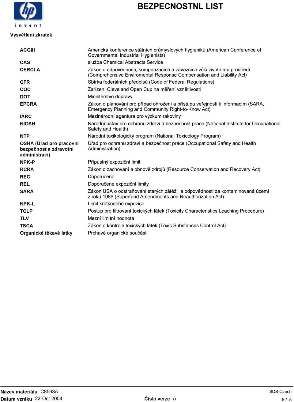 životnímu prostředí (Comprehensive Enviromental Response Compensation and Liability Act) Sbírka federálních předpisů (Code of Federal Regulations) Zařízení Cleveland Open Cup na měření vznětlivosti