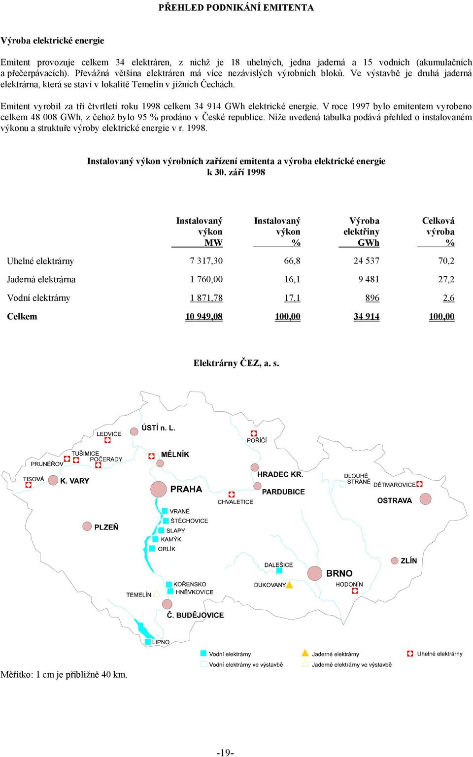 Emitent vyrobil za tři čtvrtletí roku 1998 celkem 34 914 GWh elektrické energie. V roce 1997 bylo emitentem vyrobeno celkem 48 008 GWh, z čehož bylo 95 % prodáno v České republice.