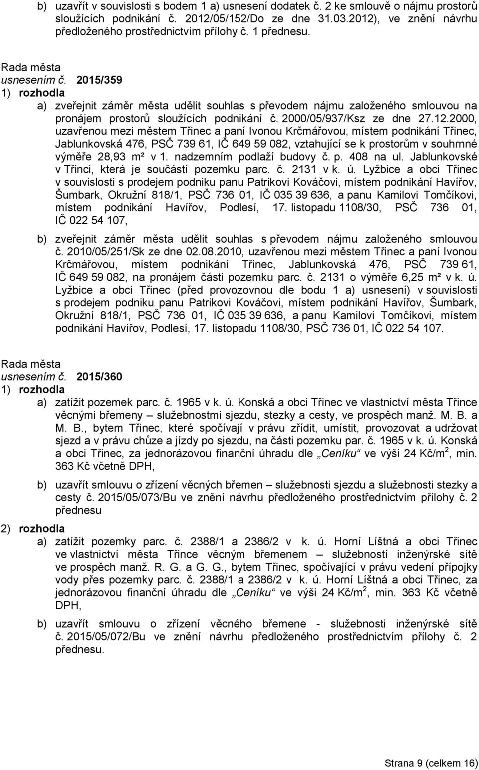 2015/359 a) zveřejnit záměr města udělit souhlas s převodem nájmu založeného smlouvou na pronájem prostorů sloužících podnikání č. 2000/05/937/Ksz ze dne 27.12.