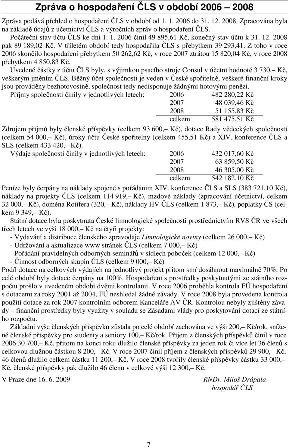 Z toho v roce 2006 skončilo hospodaření přebytkem 50 262,62 Kč, v roce 2007 ztrátou 15 820,04 Kč, v roce 2008 přebytkem 4 850,83 Kč.