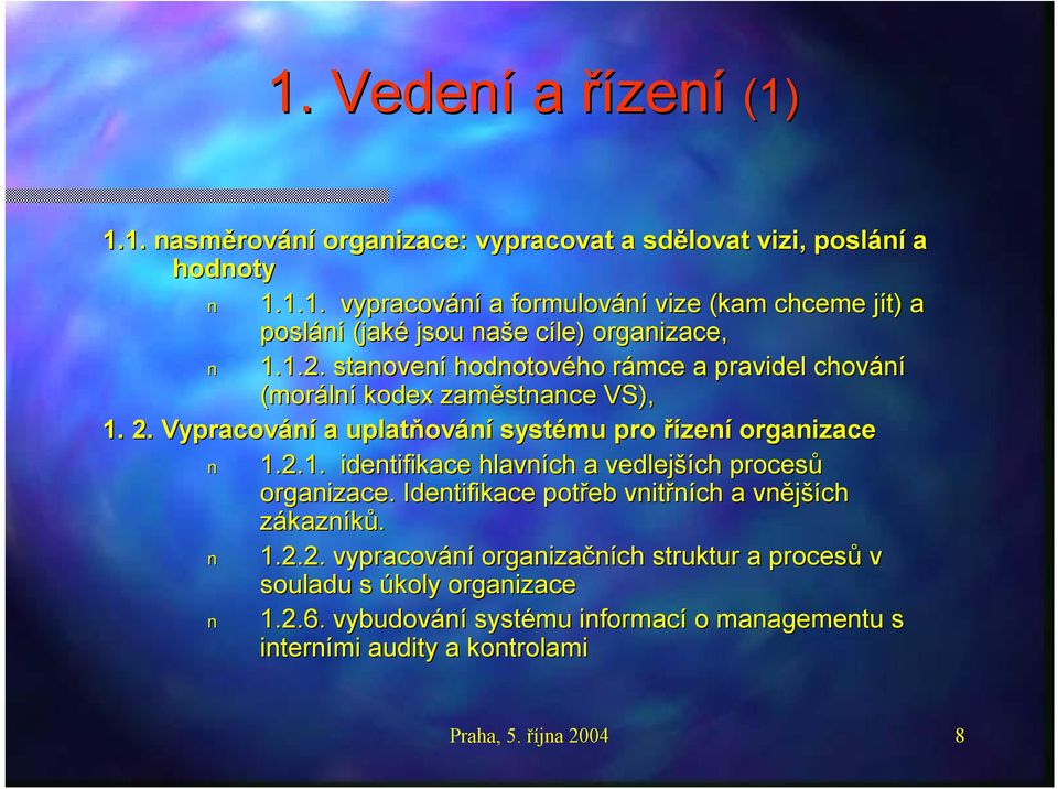 Identifikace potřeb vnitřních a vnější ších zákazníků. 1.2.2. vypracování organizačních struktur a procesů v souladu s úkoly organizace 1.2.6.