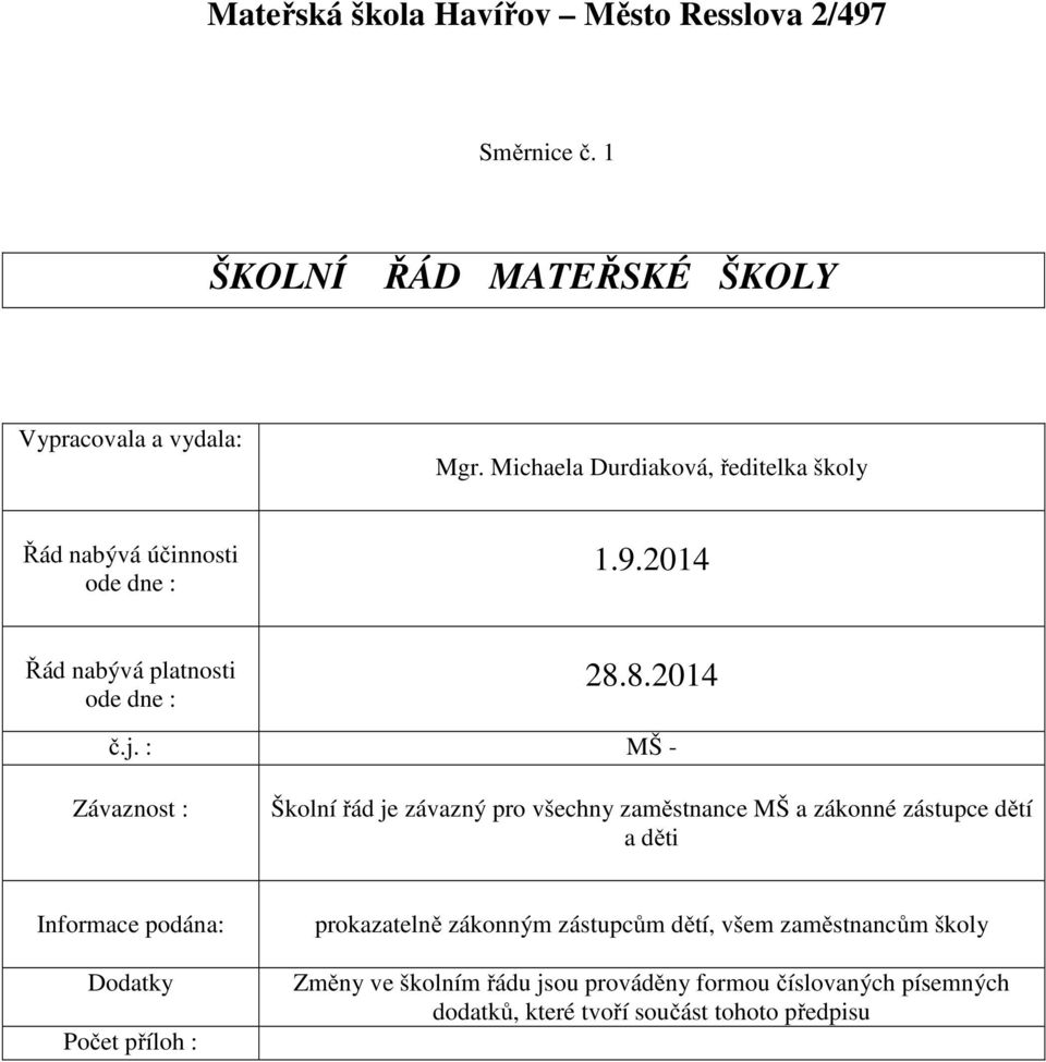 : MŠ - Závaznost : Školní řád je závazný pro všechny zaměstnance MŠ a zákonné zástupce dětí a děti Informace podána: Dodatky Počet