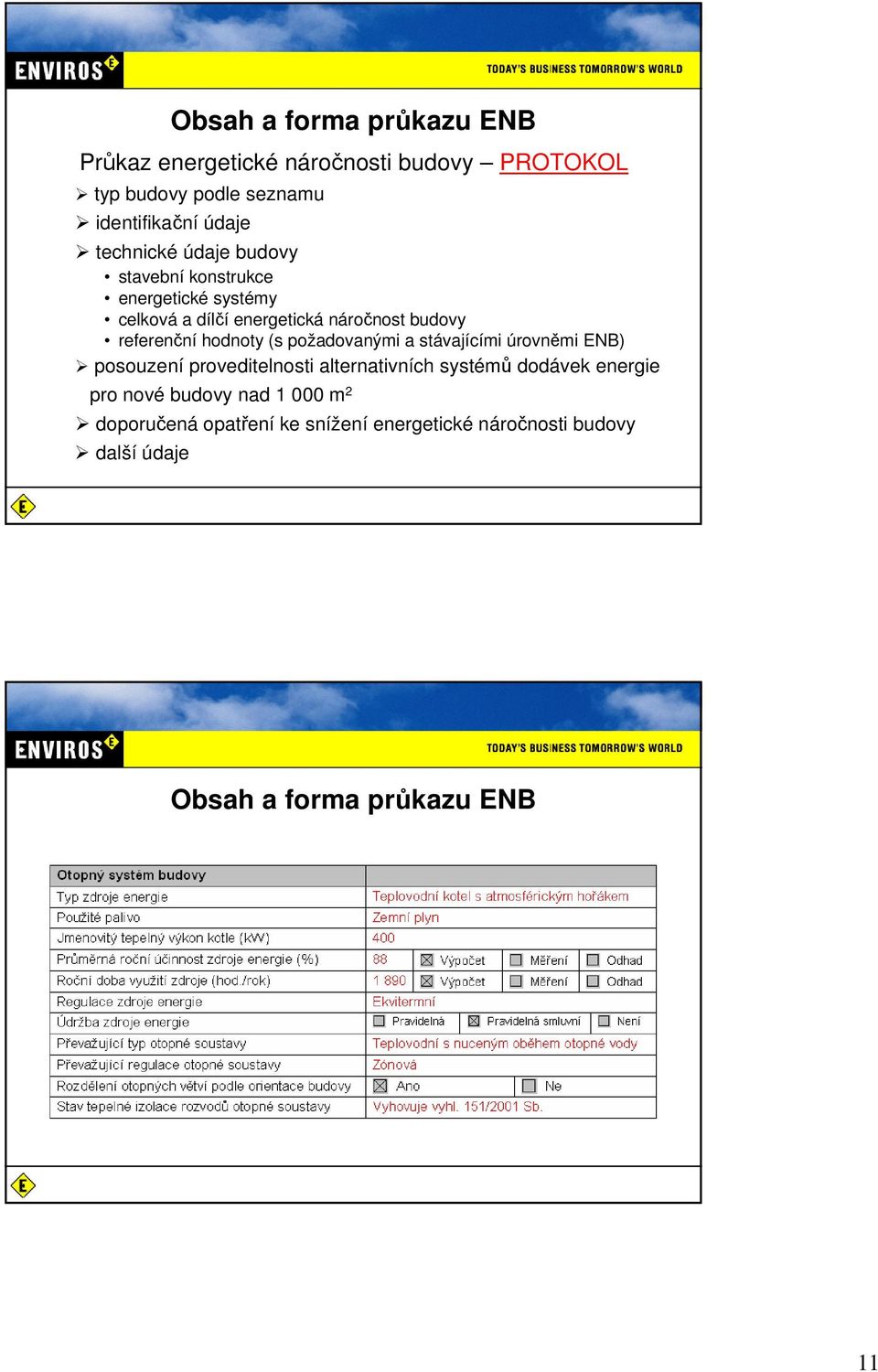 hodnoty (s požadovanými a stávajícími úrovněmi ENB) posouzení proveditelnosti alternativních systémů dodávek energie pro