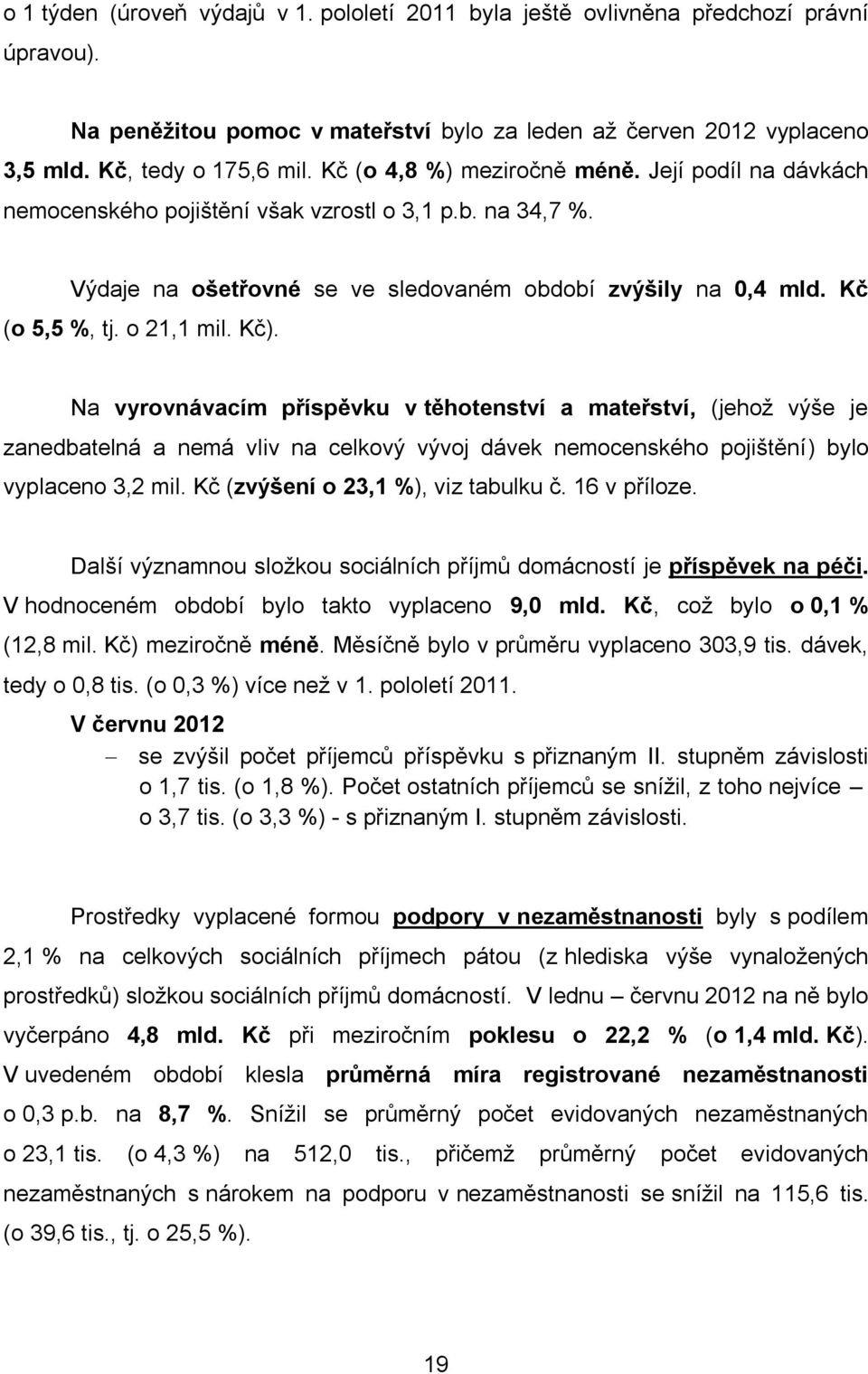 o 21,1 mil. Kč). Na vyrovnávacím příspěvku v těhotenství a mateřství, (jehož výše je zanedbatelná a nemá vliv na celkový vývoj dávek nemocenského pojištění) bylo vyplaceno 3,2 mil.