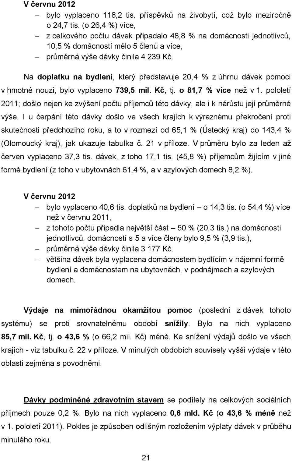 Na doplatku na bydlení, který představuje 20,4 % z úhrnu dávek pomoci v hmotné nouzi, bylo vyplaceno 739,5 mil. Kč, tj. o 81,7 % více než v 1.