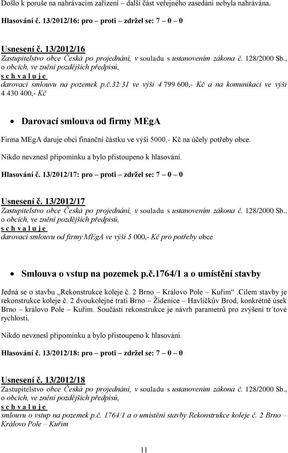 13/2012/16: pro proti zdržel se: 7 0 0 Usnesení č.