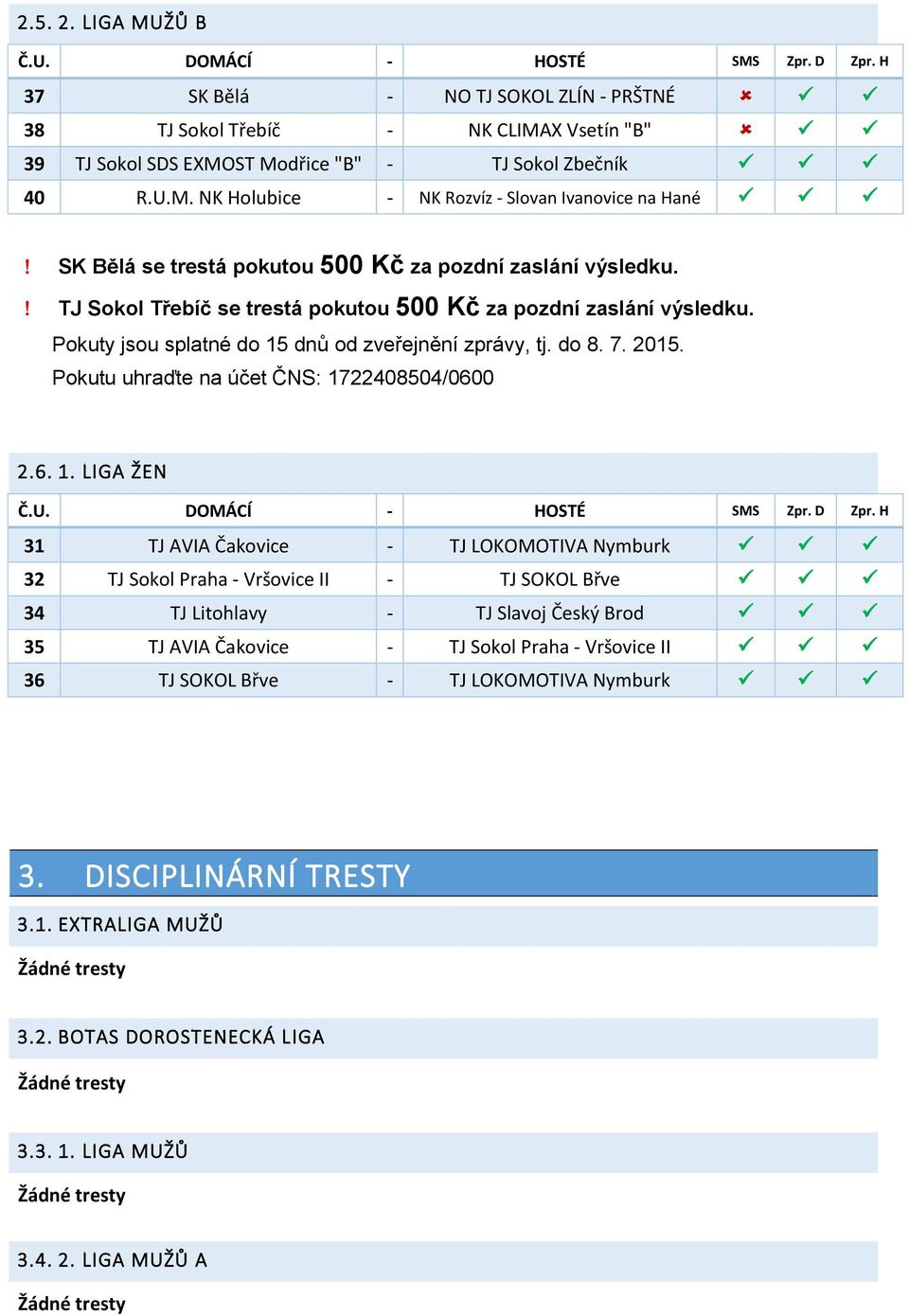 LIGA ŽEN 31 TJ AVIA Čakovice - TJ LOKOMOTIVA Nymburk 32 TJ Sokol Praha - Vršovice II - TJ SOKOL Břve 34 TJ Litohlavy - TJ Slavoj Český Brod 35 TJ AVIA Čakovice - TJ Sokol