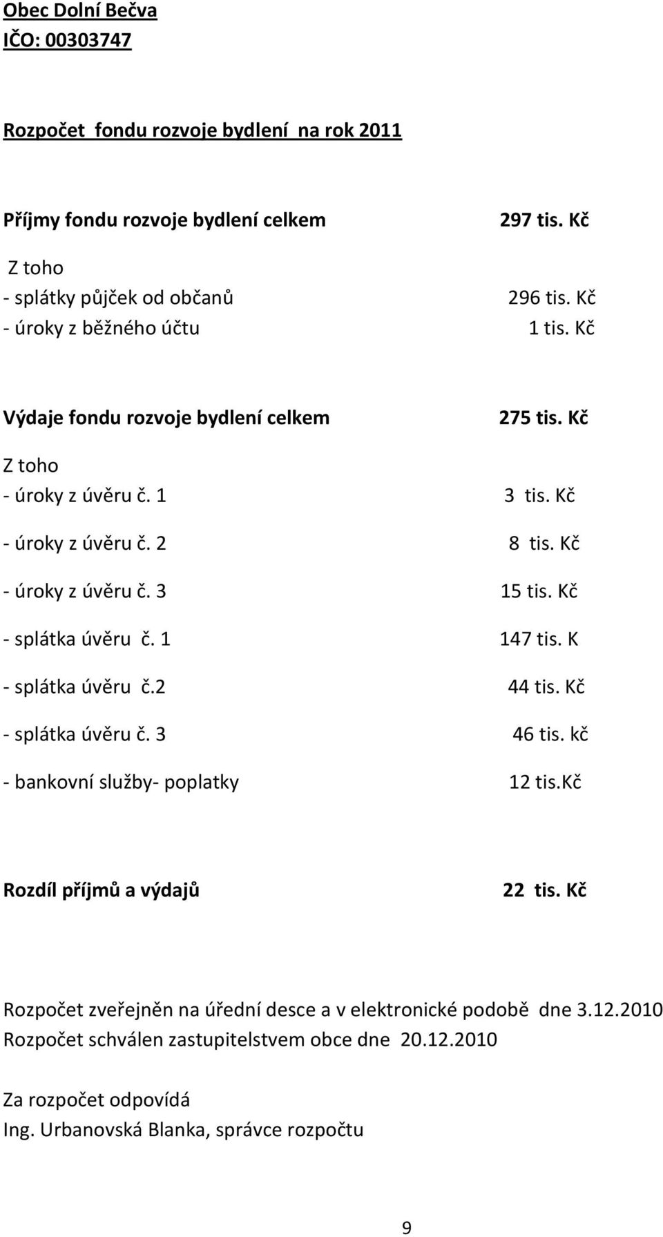 Kč - splátka úvěru č. 1 147 tis. K - splátka úvěru č.2 44 tis. Kč - splátka úvěru č. 3 46 tis. kč - bankovní služby- poplatky 12 tis.kč Rozdíl příjmů a výdajů 22 tis.