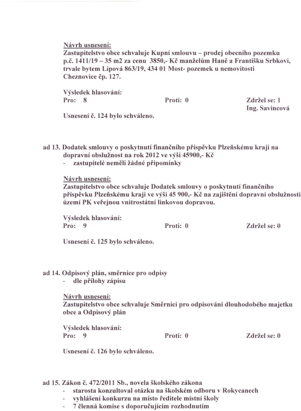 Savincová Usnesení č. 124 bylo schváleno. ad 13.