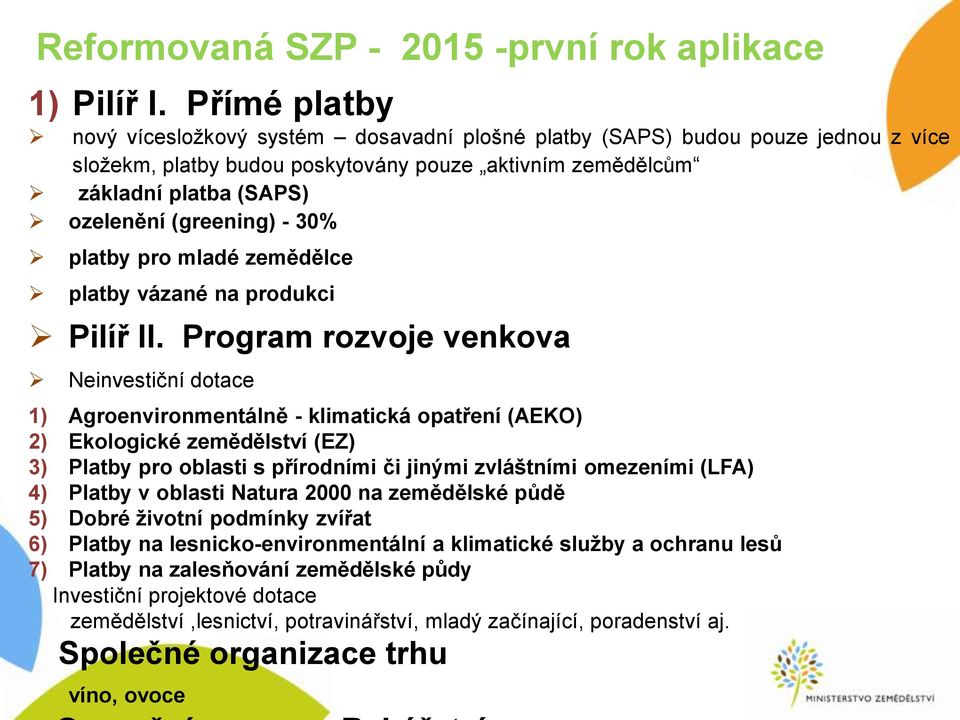 - 30% platby pro mladé zemědělce platby vázané na produkci Pilíř II.