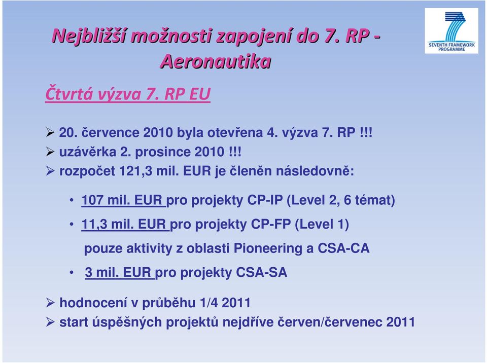 EUR pro projekty CP-IP (Level 2, 6 témat) 11,3 mil.