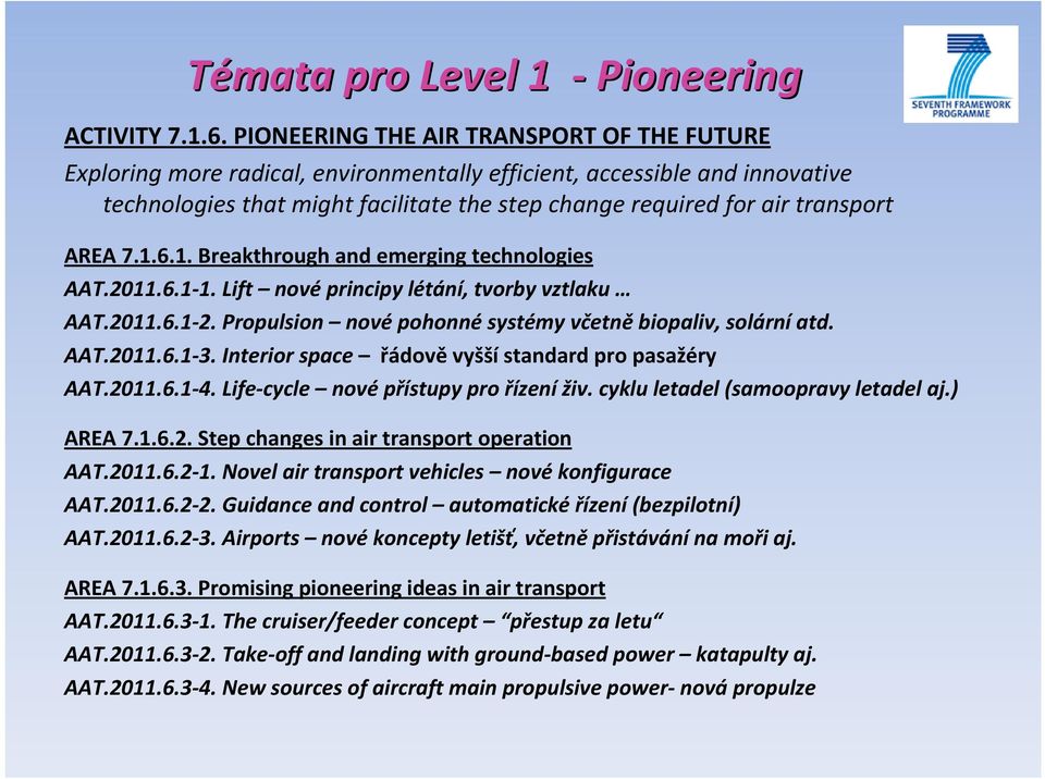 AREA 7.1.6.1. Breakthrough and emerging technologies AAT.2011.6.1-1. Lift nové principy létání, tvorby vztlaku AAT.2011.6.1-2. Propulsion nové pohonné systémy včetně biopaliv, solární atd. AAT.2011.6.1-3.