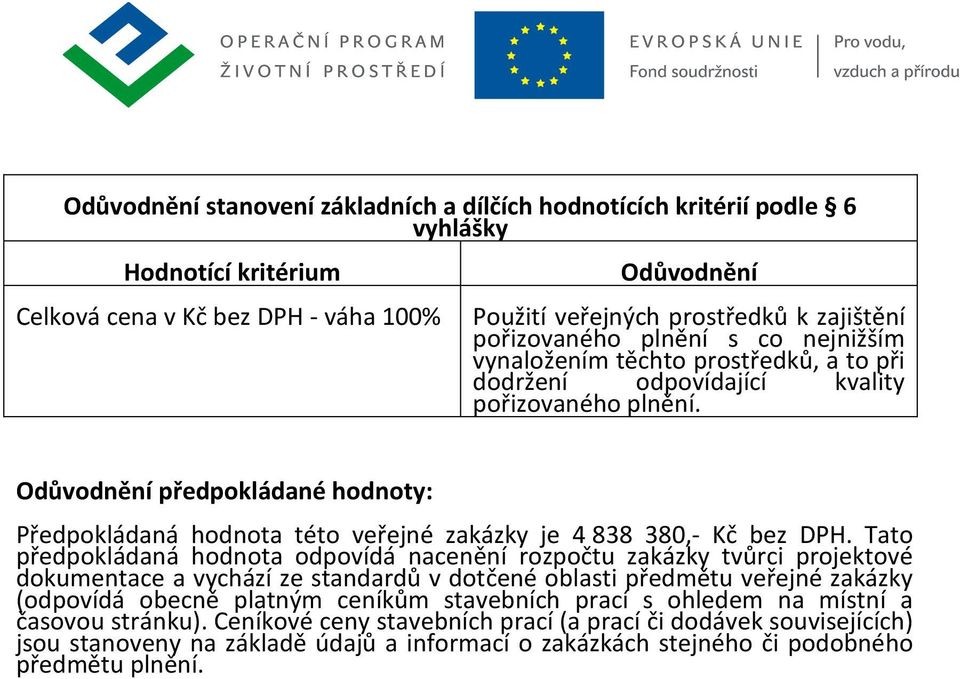 Odůvodnění předpokládané hodnoty: Předpokládaná hodnota této veřejné zakázky je 4 838 380,- Kč bez DPH.