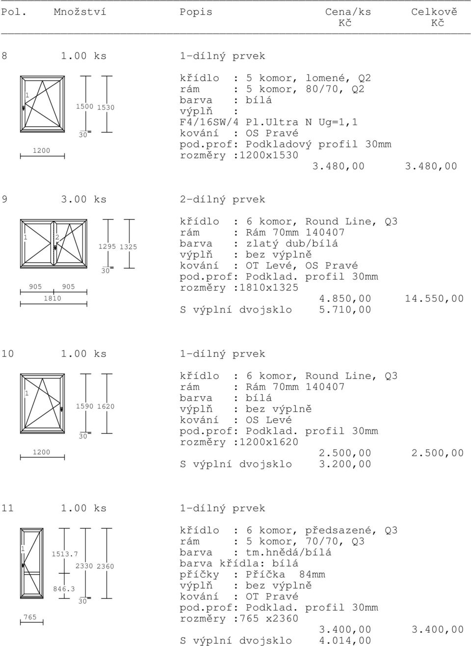 70,00 0.00 ks -dílný prvek 200 590 620 rám : Rám 70mm 40407 bez výplně kování : OS Levé pod.prof: Podklad. profil mm rozměry :200x620 2.500,00 2.500,00 S výplní dvojsklo 3.200,00.