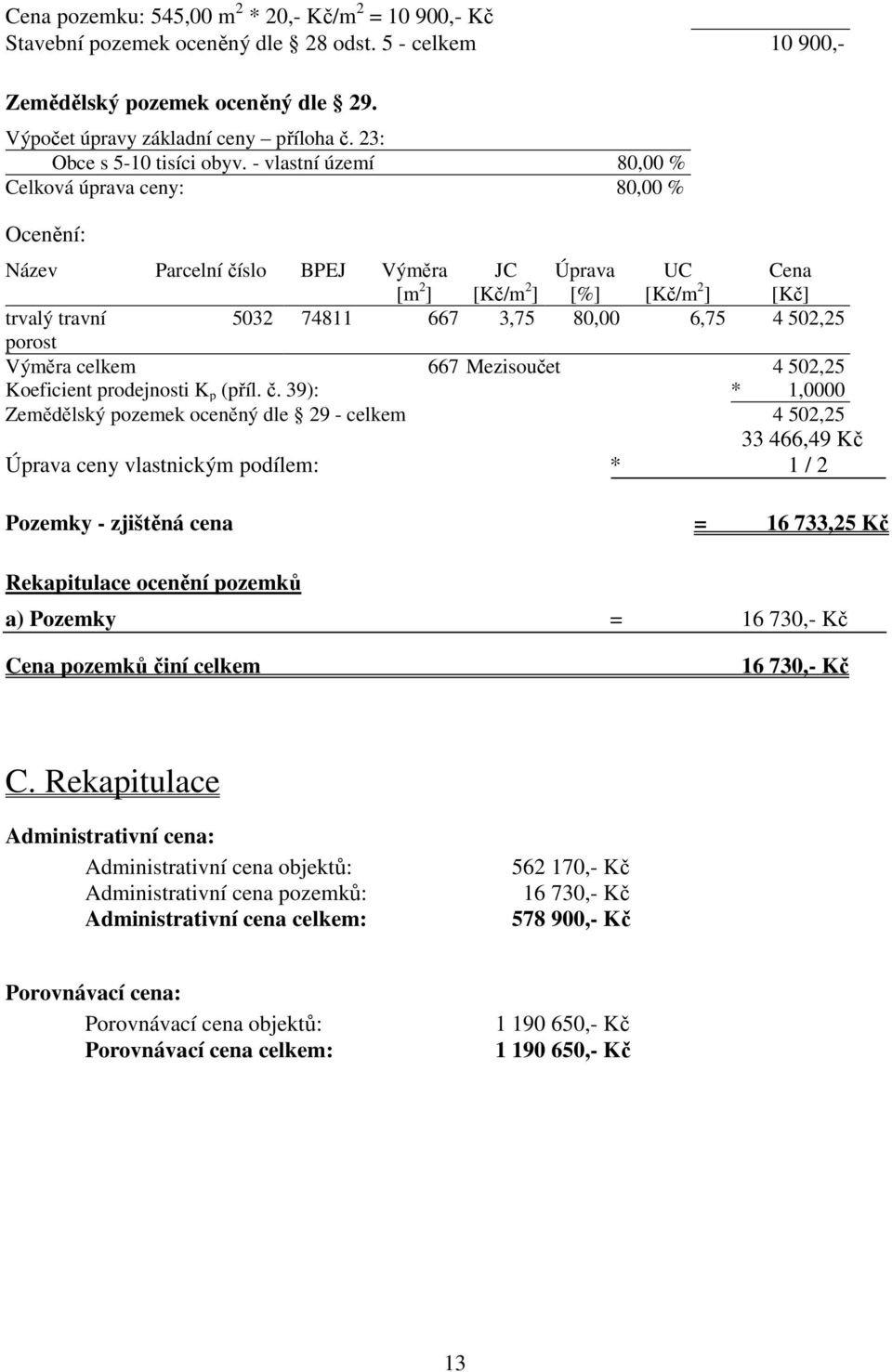 - vlastní území 80,00 % Celková úprava ceny: 80,00 % Ocenění: Název Parcelní číslo BPEJ Výměra [m 2 ] JC [Kč/m 2 ] Úprava [%] UC [Kč/m 2 ] Cena [Kč] trvalý travní 5032 74811 667 3,75 80,00 6,75 4