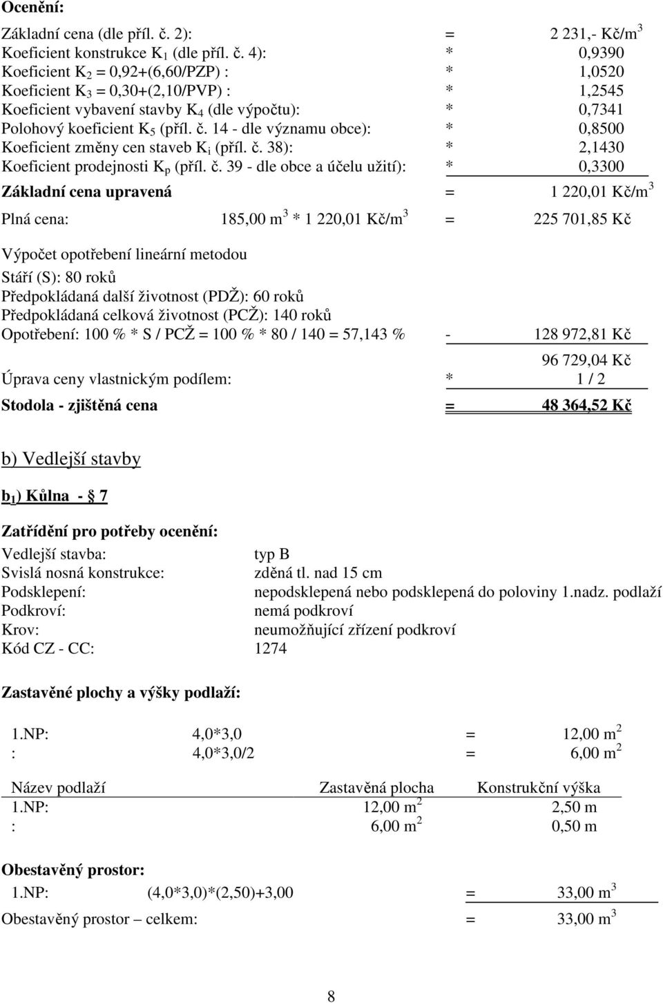 4): * 0,9390 Koeficient K 2 = 0,92+(6,60/PZP) : * 1,0520 Koeficient K 3 = 0,30+(2,10/PVP) : * 1,2545 Koeficient vybavení stavby K 4 (dle výpočtu): * 0,7341 Polohový koeficient K 5 (příl. č.