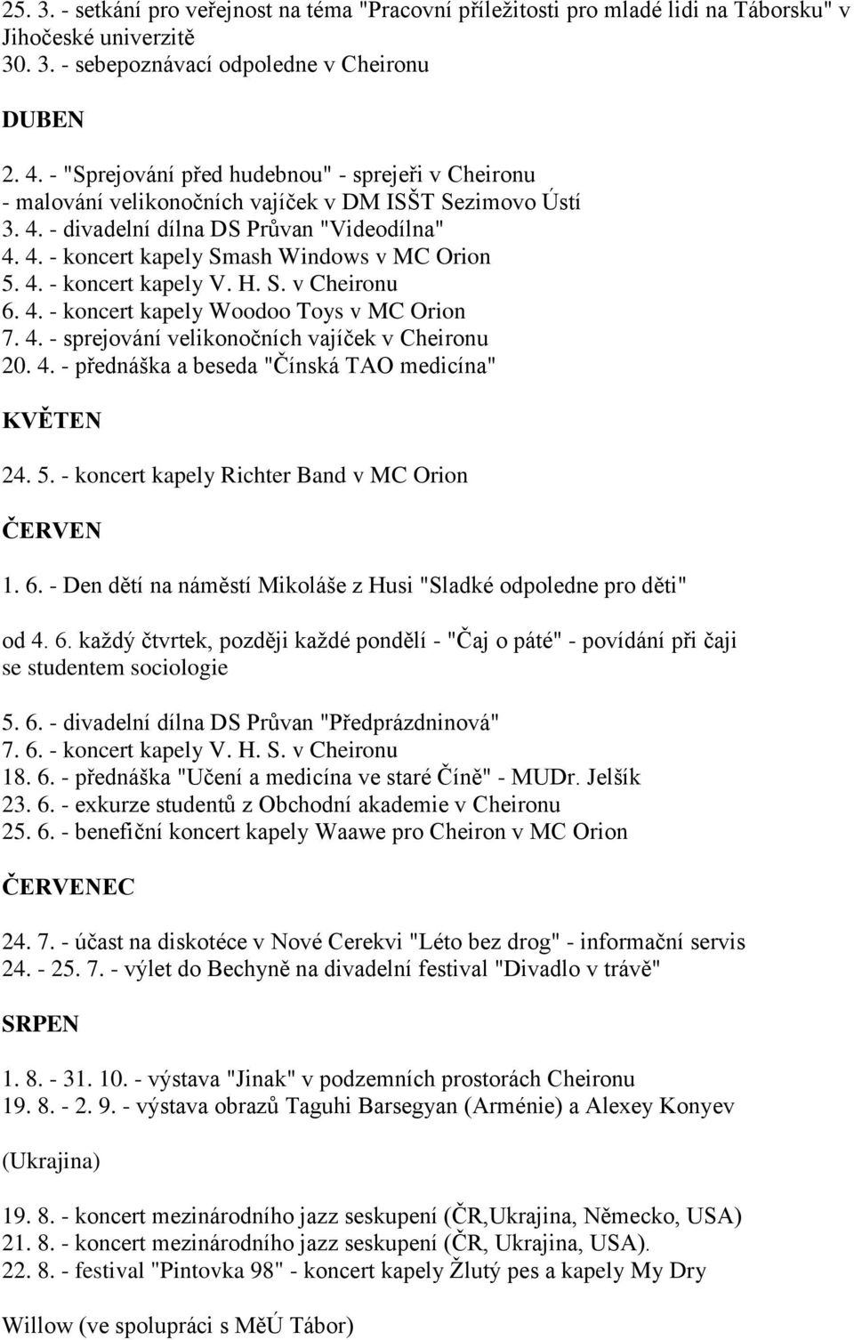 4. - koncert kapely V. H. S. v Cheironu 6. 4. - koncert kapely Woodoo Toys v MC Orion 7. 4. - sprejování velikonočních vajíček v Cheironu 20. 4. - přednáška a beseda "Čínská TAO medicína" KVĚTEN 24.