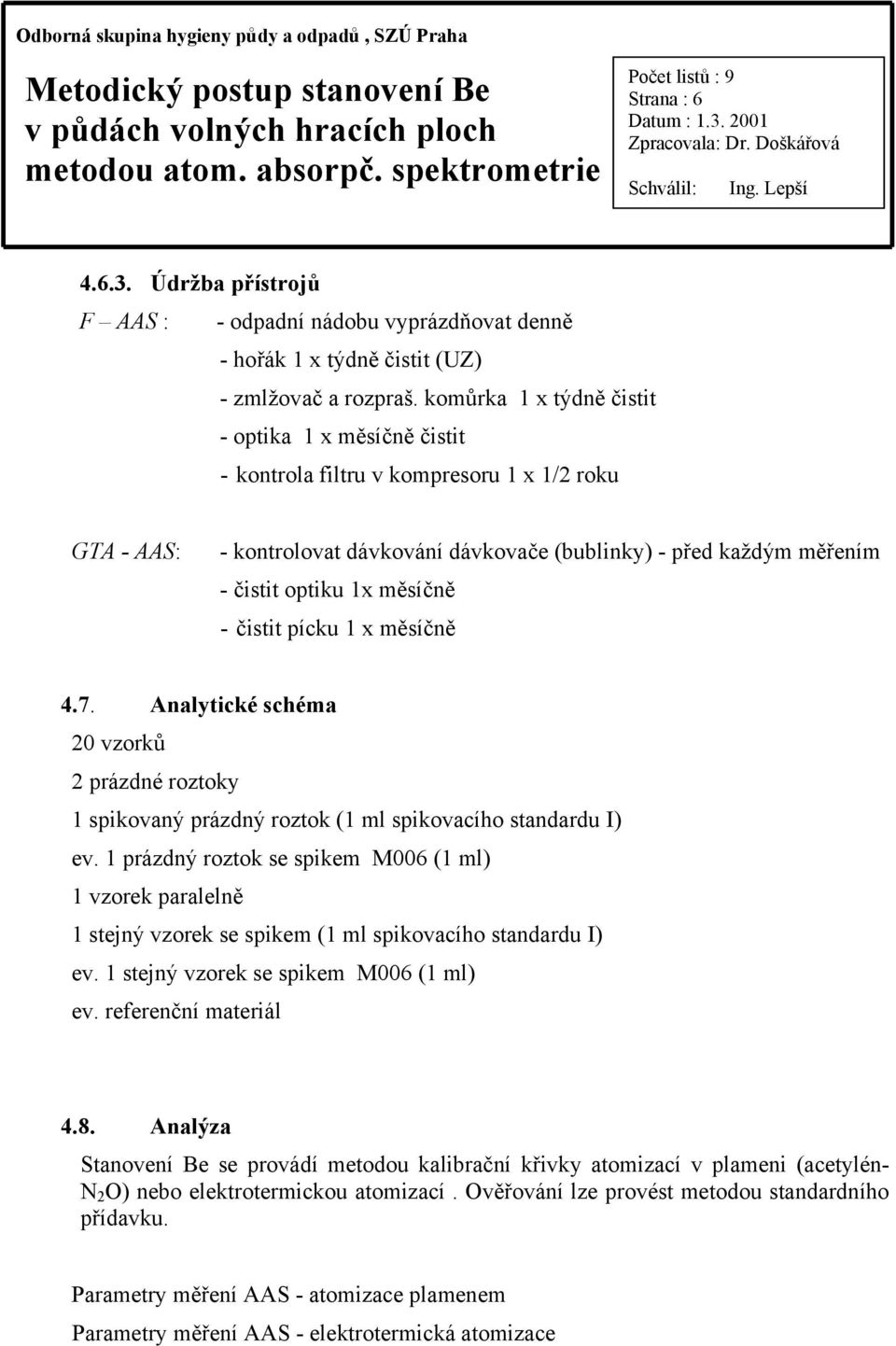 měsíčně - čistit pícku 1 x měsíčně 4.7. Analytické schéma 20 vzorků 2 prázdné roztoky 1 spikovaný prázdný roztok (1 ml spikovacího standardu I) ev.