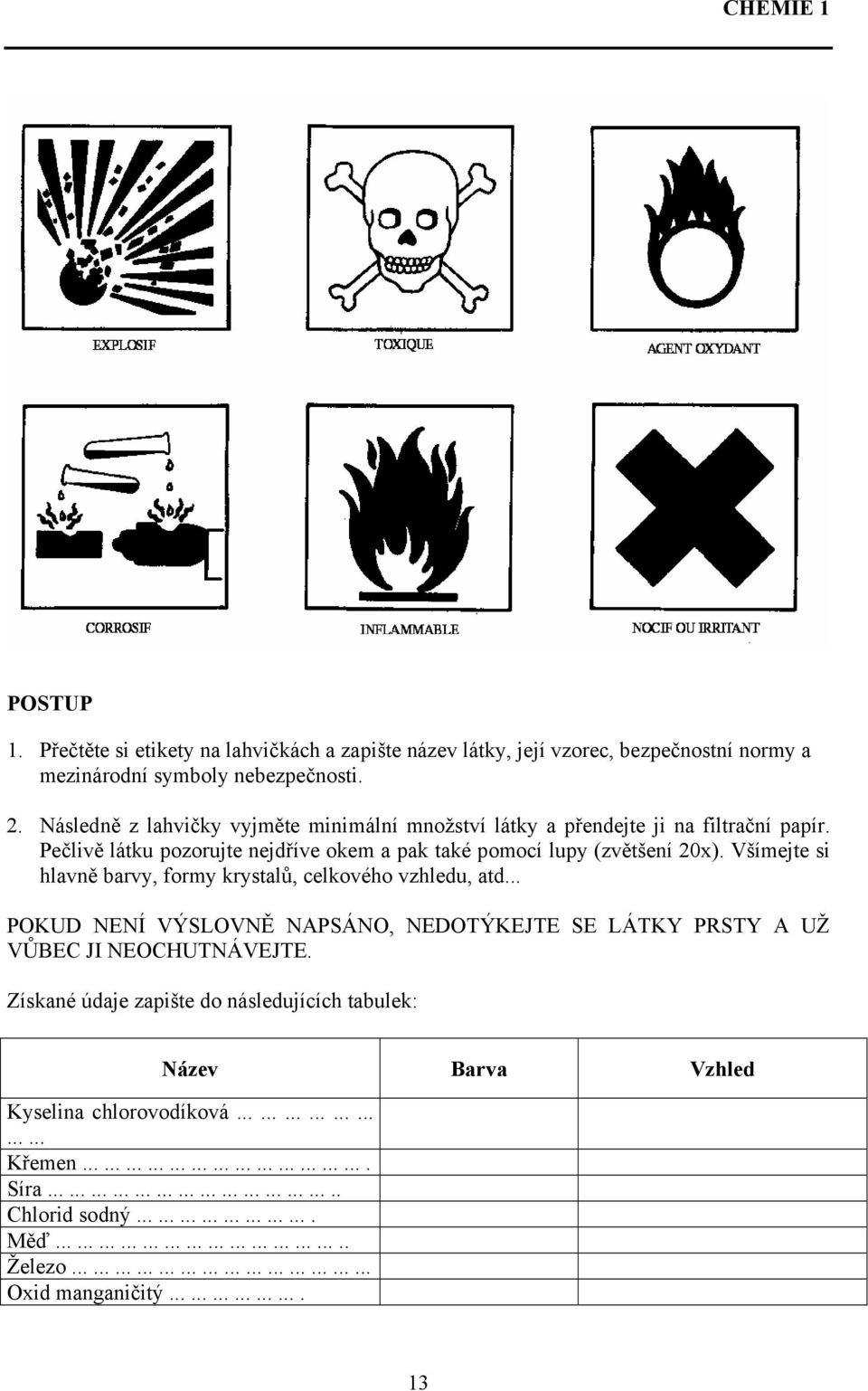 Všímejte si hlavně barvy, formy krystalů, celkového vzhledu, atd... POKUD NENÍ VÝSLOVNĚ NAPSÁNO, NEDOTÝKEJTE SE LÁTKY PRSTY A UŽ VŮBEC JI NEOCHUTNÁVEJTE.