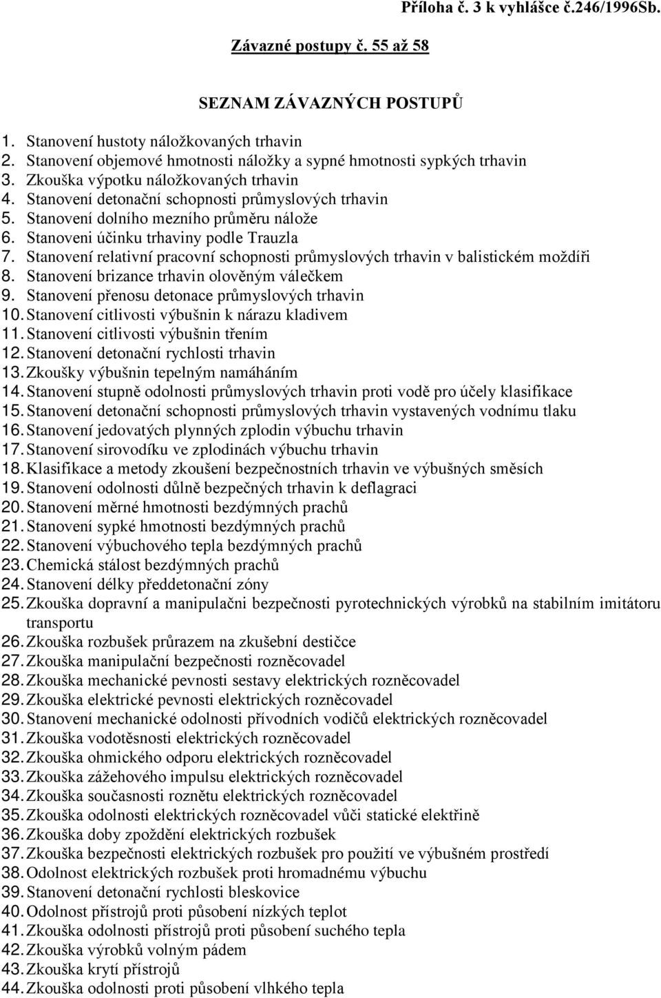 Stanovení dolního mezního průměru nálože 6. Stanoveni účinku trhaviny podle Trauzla 7. Stanovení relativní pracovní schopnosti průmyslových trhavin v balistickém moždíři 8.