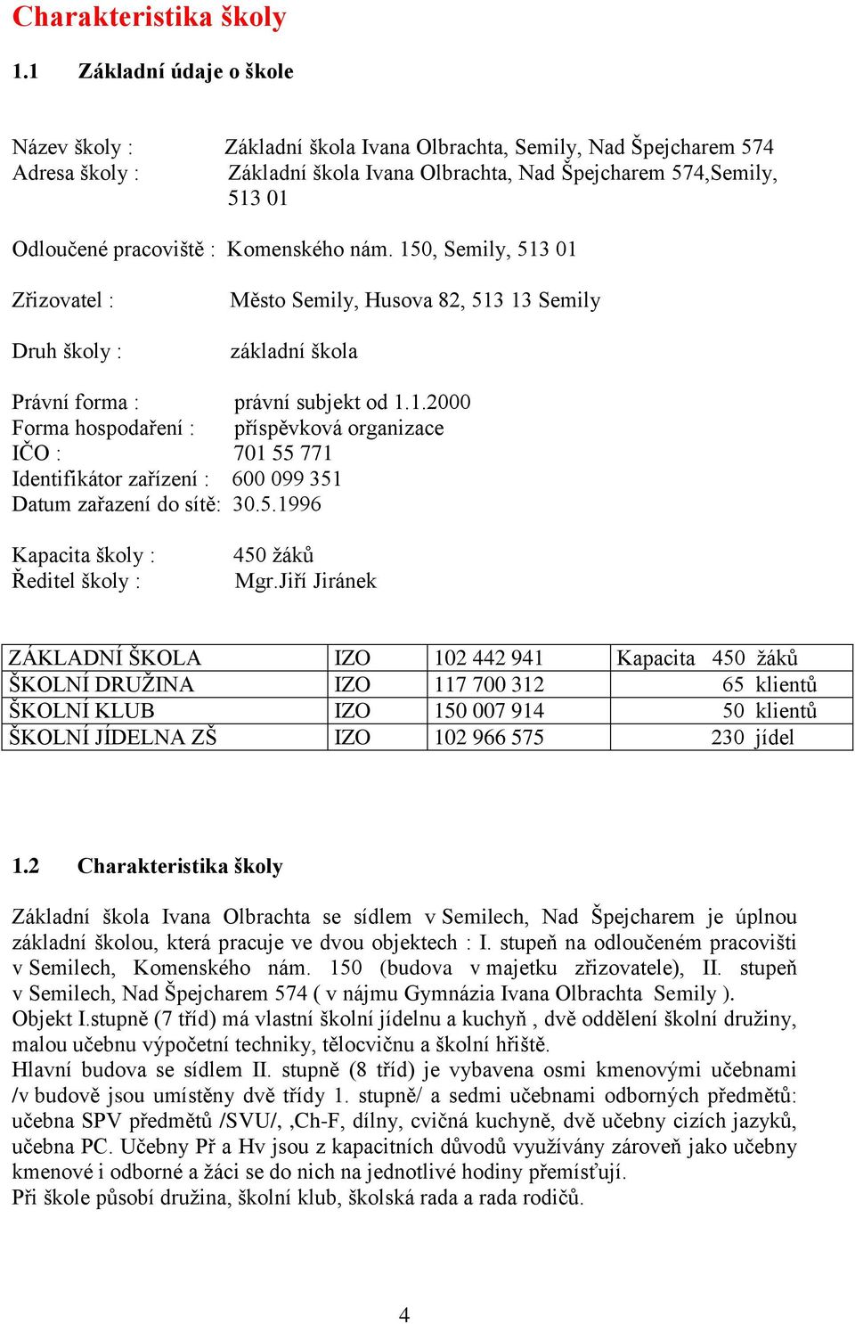 : Komenského nám. 150, Semily, 513 01 Zřizovatel : Druh školy : Město Semily, Husova 82, 513 13 Semily základní škola Právní forma : právní subjekt od 1.1.2000 Forma hospodaření : příspěvková organizace IČO : 701 55 771 Identifikátor zařízení : 600 099 351 Datum zařazení do sítě: 30.