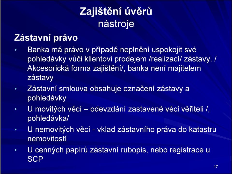 / Akcesorická forma zajištění/, banka není majitelem zástavy Zástavní smlouva obsahuje označení zástavy a